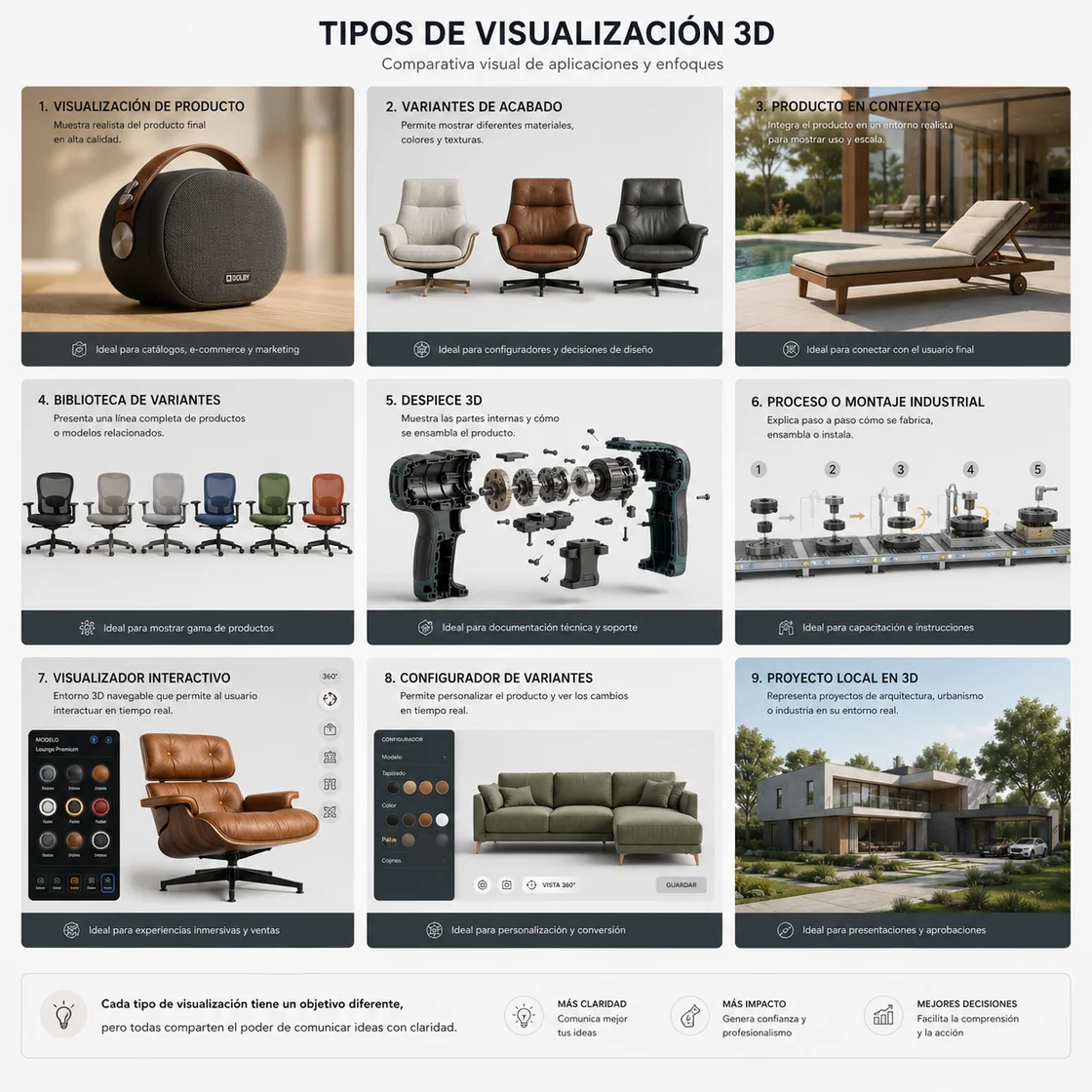 Comparativa visual de tipos de visualización 3D