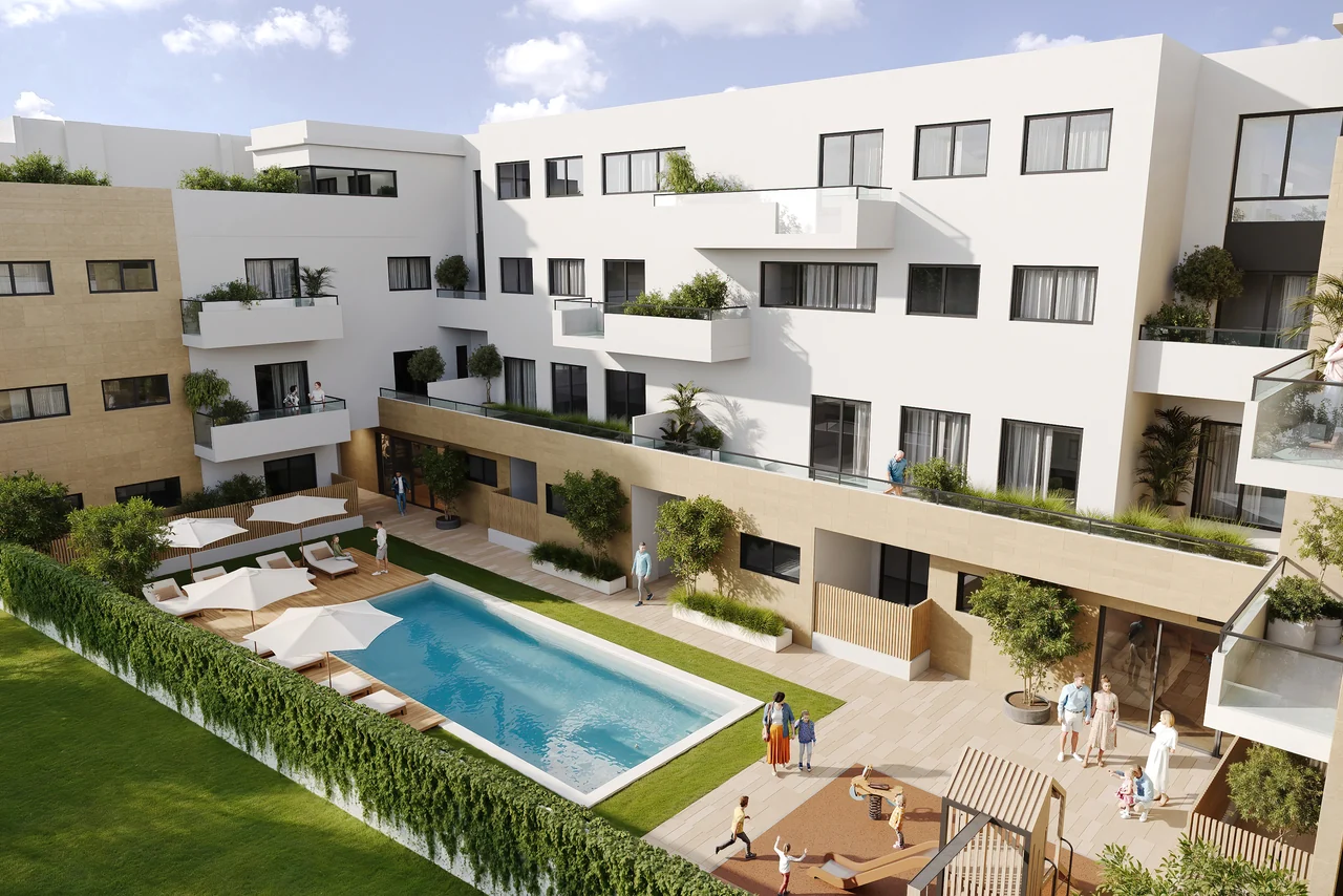 Detalle de fachada y zona común en visualización 3D