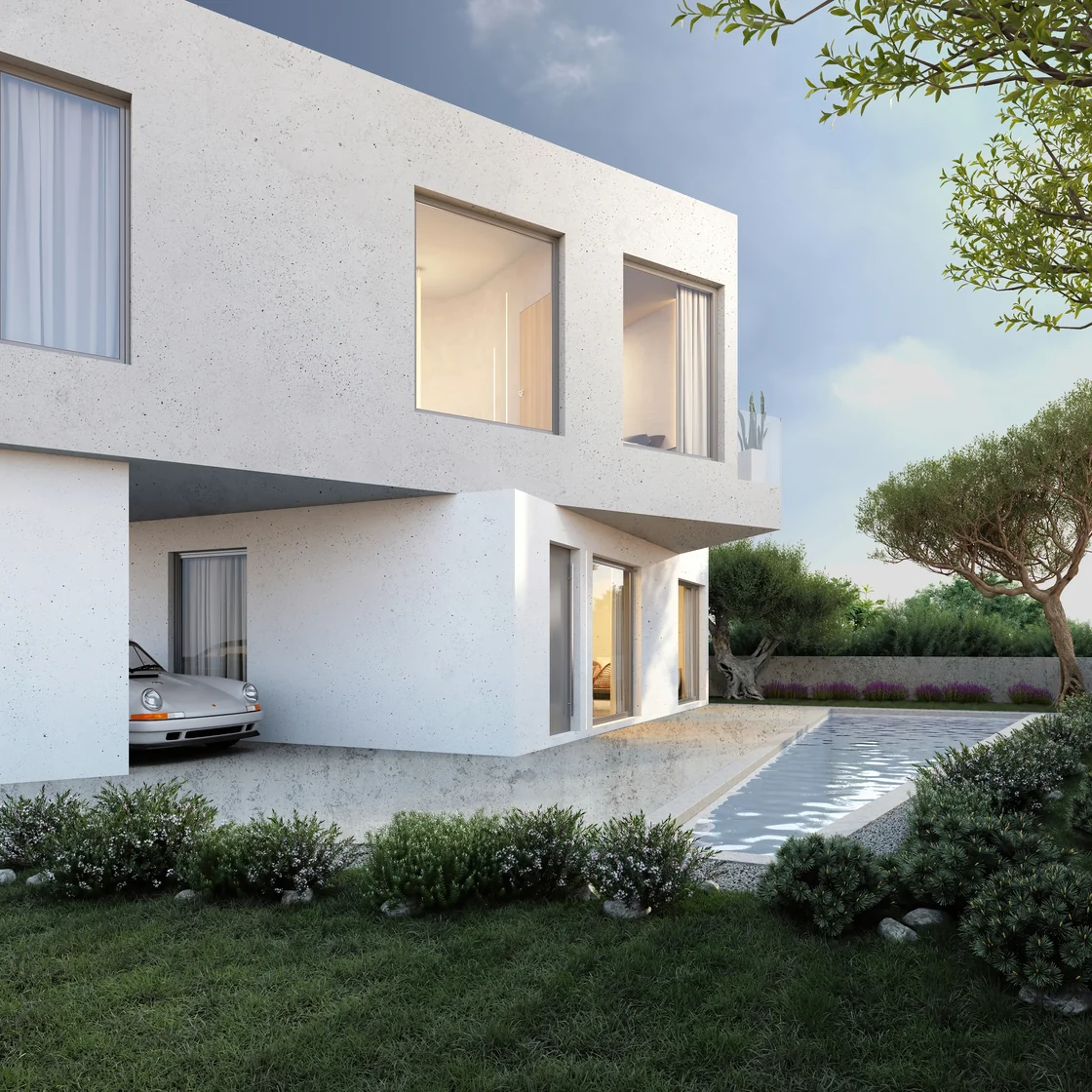 Visualización arquitectónica 3D de un edificio en su entorno