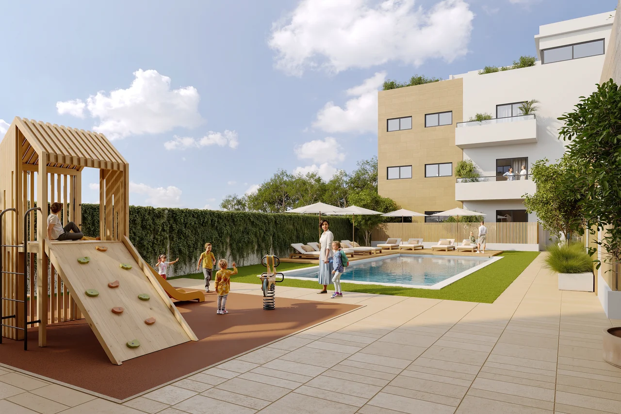 Zona común y piscina de la promoción en visualización 3D