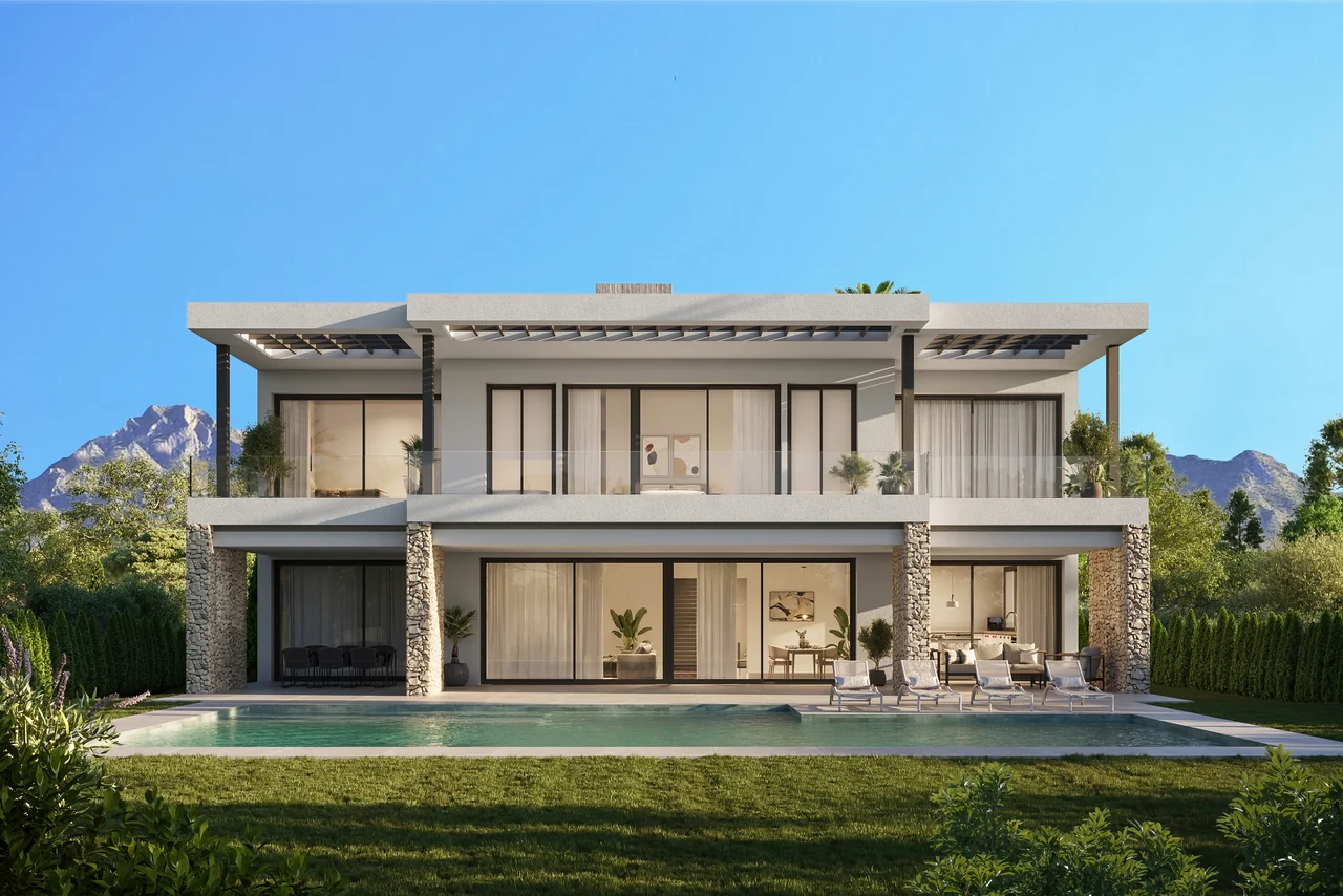 Vivienda unifamiliar con jardín en visualización exterior 3D