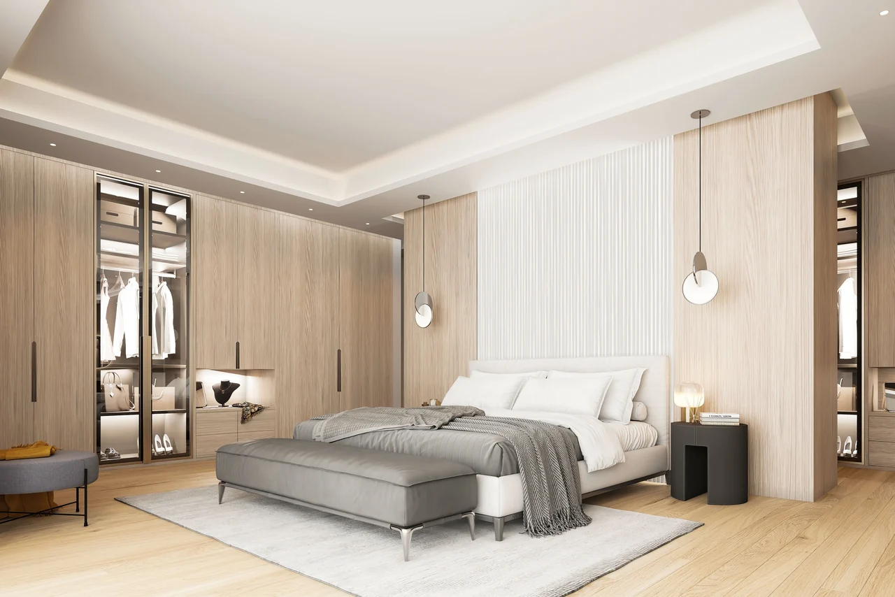 Dormitorio con materiales y mobiliario en visualización 3D