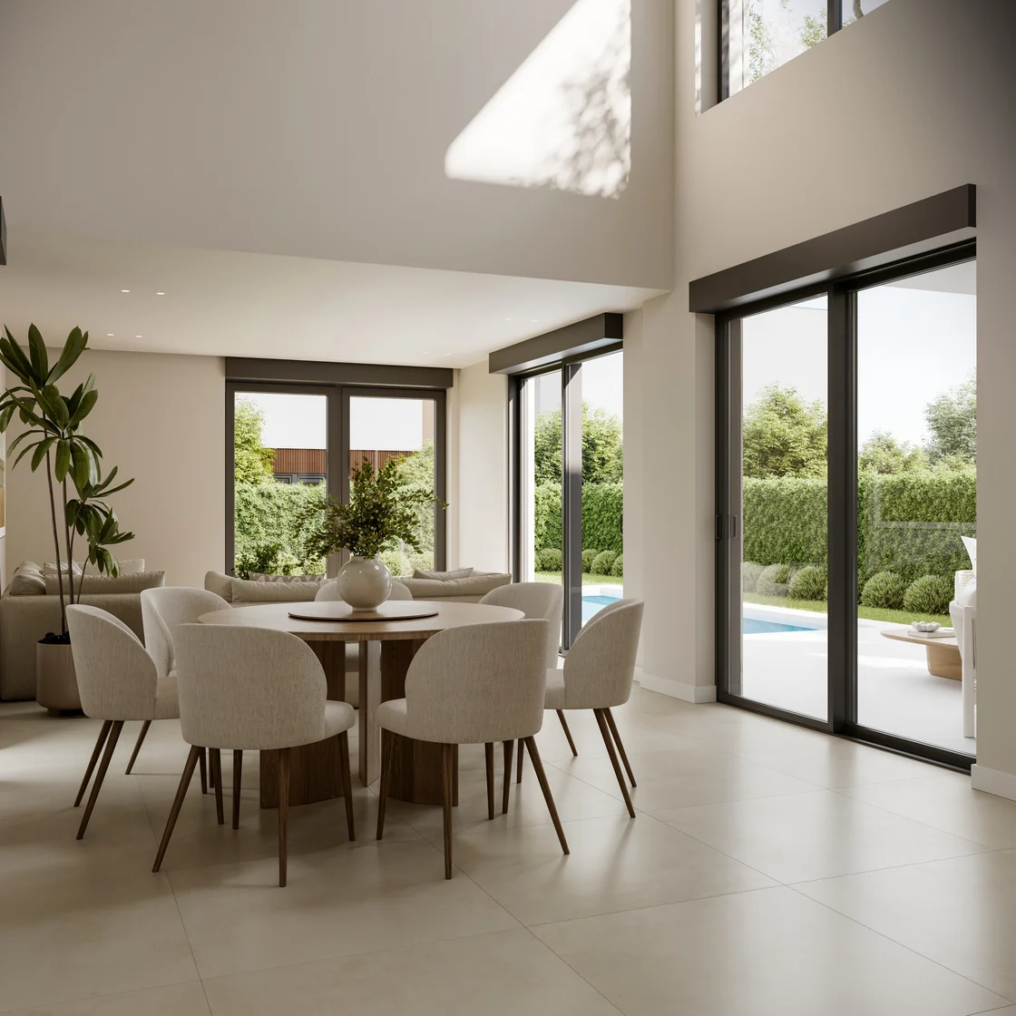 Visualización interior 3D de un salón con luz natural